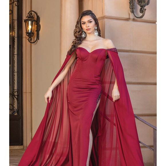 New Off Shoulder Sheath Dress w/ Beads Embroidery & Shoulder Drapes DQ 4306 - Picture 3 of 9